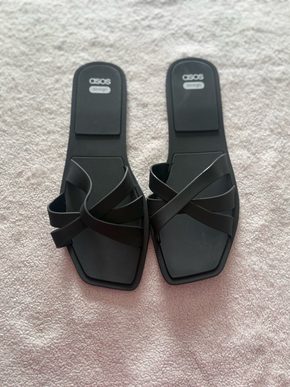 New ASOS Black Twist Strap Sandals Size 40 (US 9) Square Toe Slide Flats
